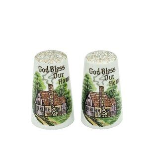 Vtg God Bless Our Home Cottage In Woods Salt Pepper Shakers Country Cottage MCM